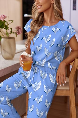 Image of Ekouaer Womens Pajama Sets Cap Sleeve Sleepwear Tops and Long Pants Comfy Pjs 2 Piece Lounge Set with Pockets S-XXL