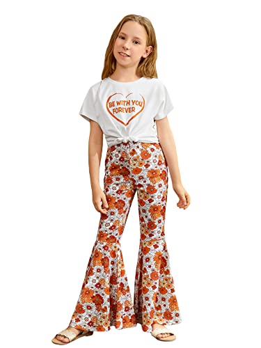 Oyoangle Girl's 2 Piece Outfits Short Sleeve Twiss Front T Shirt And Floral Flare Bell Bottom Pants Sets White And Orange 11-12Y #TOP10