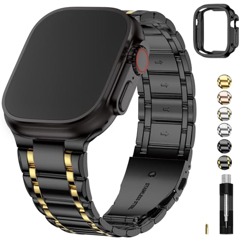Image of Fullmosa Metal Bands With Case [Watch NOT Included] Compatible Apple Watch Strap 49mm,Steel Apple Watch Band for iWatch Ultra 3 /2 /1,49mm,Black and Gold
