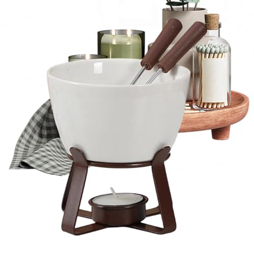 Kit personalizado de de queso y chocolate - Taza pequeña de cerámica para fondue con base de hierro y vela de té | Taza de inmersión de postre dulce para aperitivos de frutas Servidor portátil