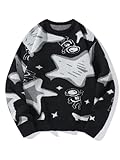 SHENHE Men's Graphic Sweaters Star and Astronaut Pattern Long Sleeve Pullovers Black and White M
