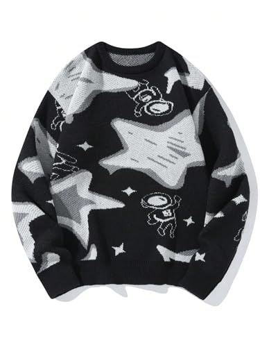 SHENHE Men's Graphic Sweaters Star and Astronaut Pattern Long Sleeve Pullovers