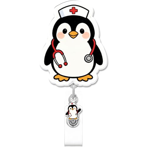 Cute Penguin Badge Reel for ID Card, Funny Nurse Winter Penguin Retractable Nurse Alligator Clip...