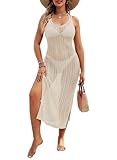 Pink Queen Women's Cover Up Dress Fashion Crochet Slit Bikini Long Beach Wear Summer Beach Swimsuits Coverup Outfits Cruise Beige L