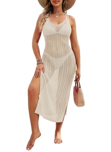 Pink Queen Women's Cover Up Dress Fashion Crochet Slit Bikini Long Beach Wear Summer Beach Swimsuits Coverup Outfits Cruise Beige L