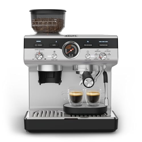 Krups Precision, Machine Expresso Manuelle avec moulin, 30 Niveaux de mouture, 15 Bars, Buse Vapeur, 3 Températures, Interface Intuitive, Cappuccino, XP801T10