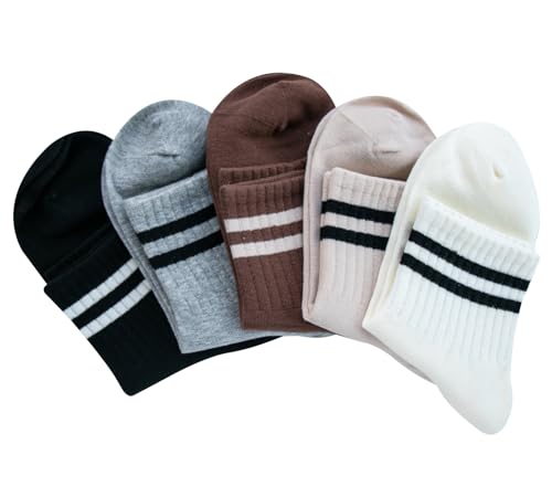 Image of Deeorla Womens Striped Crew Socks Brown Vintage Retro Athletic Socks 5 Pairs