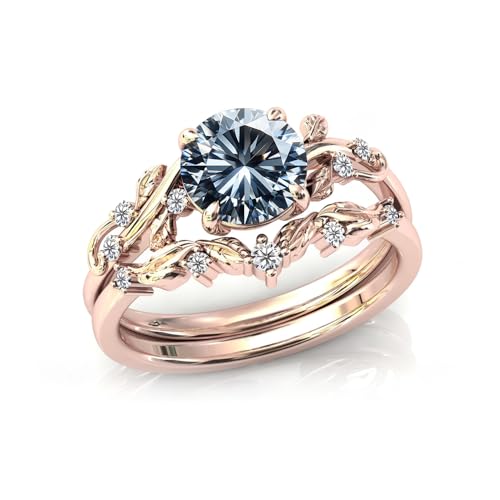 Gemstone Engagement Rings Set for Women Round Cut Gemstone Ring Leaf Art Deco Ring Set 10K 14K 18K White Yellow Rose Gold Vintage Vine Gemstone Wedding Ring Sets Anniversary Promise Ring3