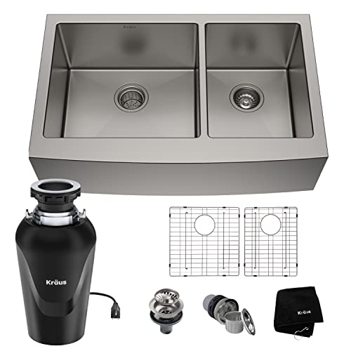 Standart PRO™ 36-inch 16 Gauge 60/40 Double Bowl Stainless Steel Farmhouse Kitchen Sink with WasteGuard™ Continuous Feed Garbage Disposal - Kraus KHF203-36-100-75MB