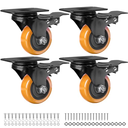 Finnhomy 3 Inch Caster Wheels Set of 4 with Brake Heavy Duty Plate Swivel Casters Premium Polyurethane Wheels Bearing 2,200 Lbs Lockable Anti-wear Smooth Casters for Workbench Orange (Free Screws) by Finnhomy - Used condition - US$19.55