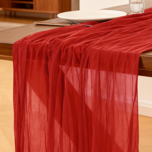 Käsetuch Tischläufer Rot 300 x 90 cm Boho Gaze Tischläufer Cheesecloth Läufer für Hochzeit Geburtstagsfeiern Babypartys Weihnachten und Silvester von Tisch Dekoration