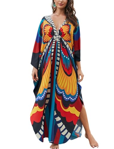 Image of KECVOT Kaftan Dresses for Women Plus Size Batwing Sleeve Caftans Long Bathing Suit Cover Up Maxi Beach Dress Loungewear