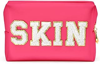 E1mity Cosmetic Bag Large Makeup Bag Preppy Stuff Preppy SKIN Patch Toiletry Bag Y2K Aesthetic PU Leather Portable Cosmetic Bag Waterproof Storage Bag Travel Outing Schoolgirls Girls Teens (Rose Red)