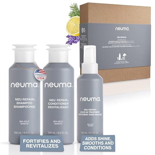 Neuma Neu Repair Bundle, Repair Shampoo (8.5 Fl. Oz.), Repairing Conditioner (8.5 Fl. Oz.), and Leave-In Treatment (5.1 Fl. Oz.), Nourishes, Strengthens, Moisturizes, Lavender & Fir Needle Scent