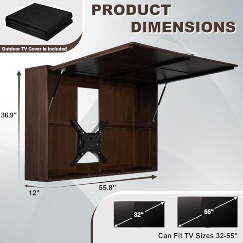 Coperat Outdoor TV Enclosure, Solid Wood Outdoor Television Hard Cover, Weatherproof Outdoor TV Case with TV Wall Mount Bracket, Up-Flip Door & 600D Oxford Outdoor TV Cover (Fits 32-55 Inch) (Oak) - Thumbnail 5