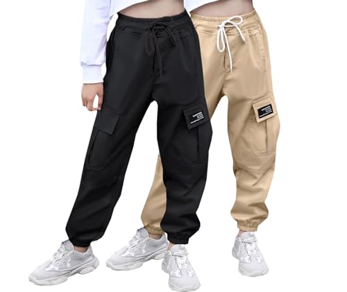 Image of SANGTREE Girl's&Women's 2 Packs Cargo Pants Elastic Waist Drawstring Tapered Multi Pockets Cargo Jogger Pants