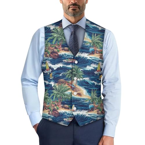 Nxidvxne Suit Vest for Men Vintage Flower Waistcoat Vest 3D Print Tropical Hawaiian Pattern Sleeveless Blazers Simple Fashion Suitable Matching for Jeans Casual Pants Blue