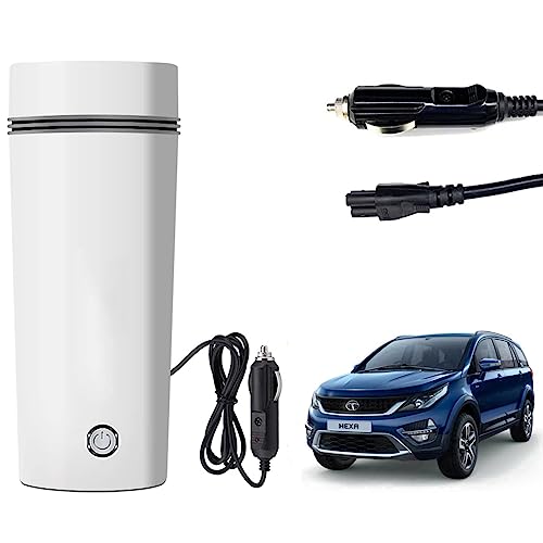 Image of Oshotto 12V Portable Electric Water Bottle for Hot Water Tea Coffee Kettle Mug Multipurpose Food Grade Fast Boil Auto Shut-off For Travel Camping, Road Trip Compatible with Tata Hexa (350ml) - White