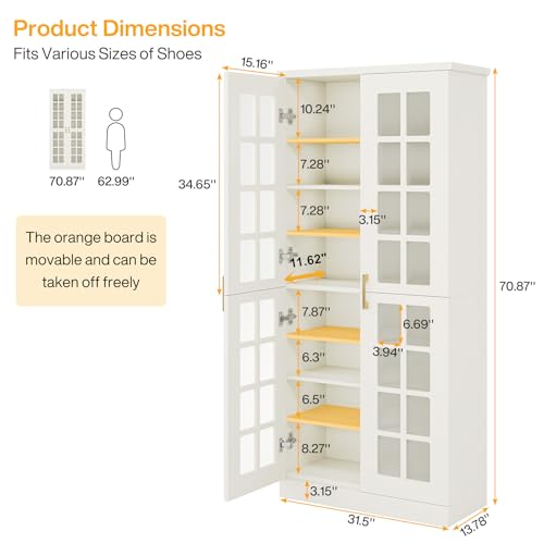 Tribesigns 71-Inch Tall Shoe Cabinet with Doors, 8-Tier Shoe Storage with Adjustable Shelves, Modern Shoe Organizer Shoe Rack Cabinet for Entryway, Hallway, Closet, Living Room, White and Gold