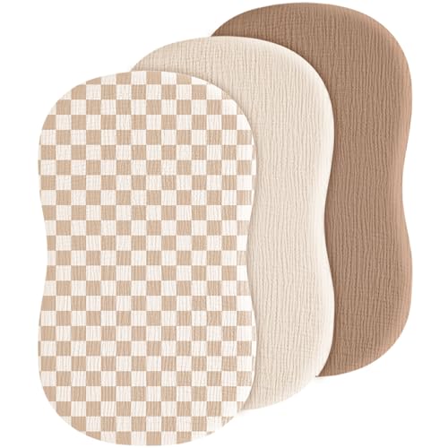 Image of Baby Muslin Bassinet Sheets 3 Pack for Boys & Girls, Soft Breathable Cotton Bassinet Mattress Cover, Universal Fit for Hourglass, Oval, and Rectangle Mattress (Milky Coffee)