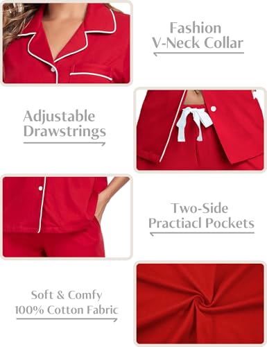 Image of COLORFULLEAF Women's 100% Cotton Pajamas Set Button Down Sleepwear Short Sleeve Shirt and Long Pants Soft Ladies Lounge Sets