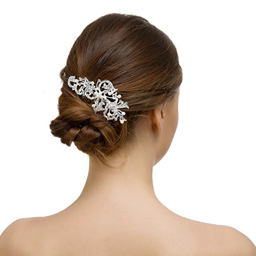 Charm Rhinestone Crystal Silver Tone Hair Comb -Weddings, Proms- Simulated Pearl