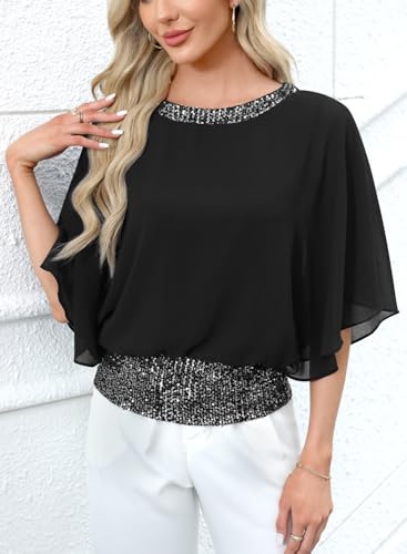 For G and PL Women's Dressy Sequin Formal Top 3/4 Dolman Sleeve Chiffon Shirt Blouses2