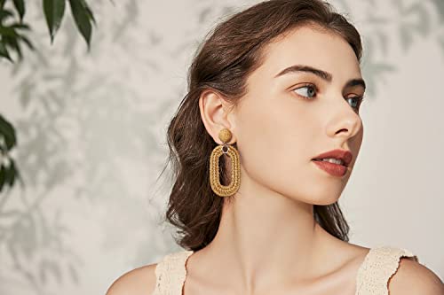 Statement Raffia Earrings Boho Summer Beach Earrings Geometric Oval Drop Earrings Handmade Straw Rattan Dangle Earrings Fashion Bohemian Jewelry Gifts For Women Girls, Brown #TOP1