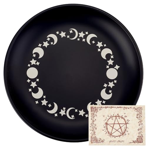CREATCABIN Phase Moon Star Offering Bowl Altar Ritual Plate Dish Stainless Steel Flat Bowl Round Jewelry Tray Prayer Tarot Plate Black Ring Holder Trinket with Card for Smudging Decoration 5.55Inch