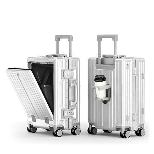 ALPHA CAMP 20 Inch Aluminum Frame Carry-On Luggage Front Opening Hardside Carry on Suitcase with Quick-Access Front Compartment Airline Approved with TSA Lock USB&Type-C Ports Cup Holder Silver