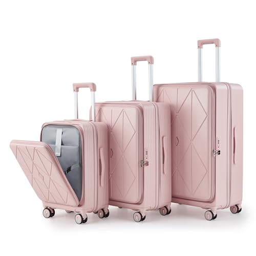 Luggage Sets(20in/24in/28in) with Front Pocket Spinner Wheels 100% PC Hard Shell Expandable Luggage Hardside 3-Piece Set Lightweight Rolling Suitcase with TSA Lock for Travel Pink