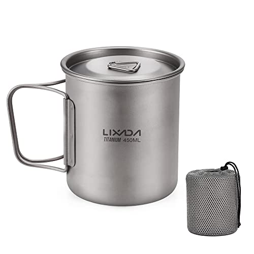 Lixada Titanium Pot, Camping Pot Titanium Cup Tianium Backpacking Pot with Partable Foldable Handles for Outdoor Camping Hiking Backpacking