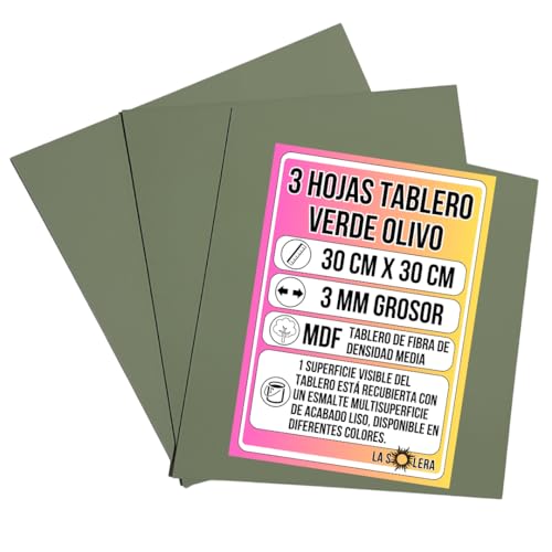 LA SOLERA Pack 3 Hojas Tablero MDF VERDE OLIVO | 300 x 300 x 3 mm | Tablero de Fibra de Densidad Media | Manualidades | Pirograbado | Corte Laser | Modelado | Tabla Madera | Corte Limpio Sierra