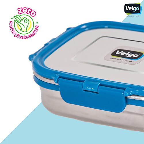 Image of Veigo Original Set Pack of 3 Stainless Steel Airtight & Leakproof Medium Lunch Box with Silicon Ring & Polymer Frame for Re-Heating|Safe Lid Lock|Square (330ML) Dark Blue