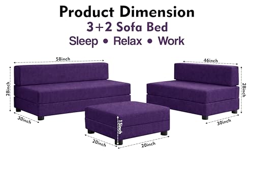 Image of Rosebell 3+2 Convertible Leg Sofa Cum Bed Set with Ottoman Foldable Modular Seating & Sleeper ? Space Saving Living Room Furniture Jute Fabric-Purple