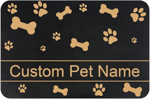 Personalized Dog Cat Food Mat - PU Non-Slip Bottom, Waterproof, Custom Pet Bowl Mat for Food and Water (Golden Bone and paw Prints)