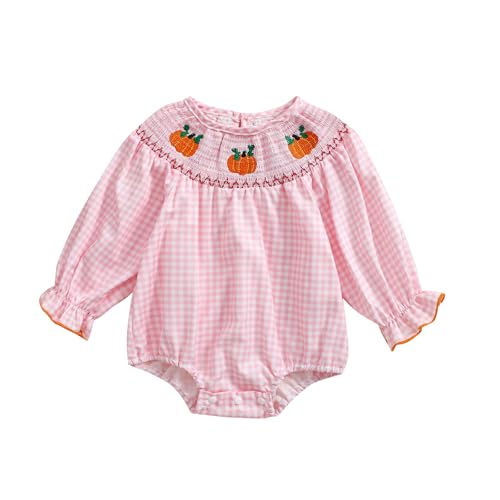 Newborn Baby Girl Smocked Pumpkin Outfit Long Sleeve Plaid Bubble Romper Infant Halloween Thanksgiving Outfit