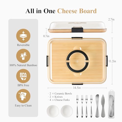 Charcuterie Board Set with Lid, Travel Portable Design Bamboo Cheese Board, Gift for Housewarming, Christmas, Weddings, Picnics (1 Compartment) by Maxboro - Image 5