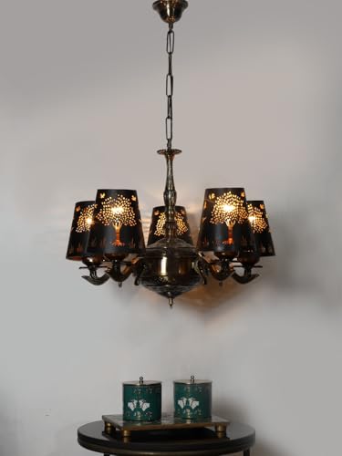 Image of Devansh 05 Lights Tree Metal Etched Shade with Antique Golden Chandelier -ZC