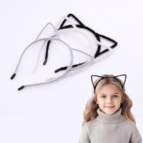 IJF 3PCS Furry Headband with Cat Ears, Hair Hoops, and Hairband for Cosplay Costume (Black/White/Grey)