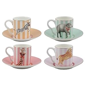 YVONNE ELLEN Vintage Inspired Teacup and Saucer in Beautiful Bone China (Set of 4 Animal Espresso)