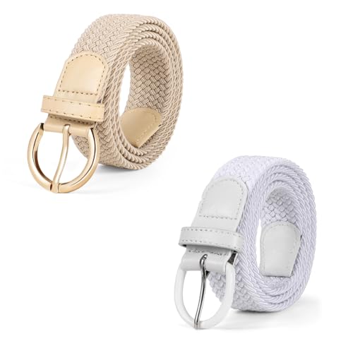 JASGOOD Women Braided Woven Elastic Stretch Belt Leather Covered Buckle Canvas Belt Set