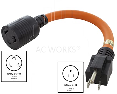 Ac Works Locking Adapter Household 15Amp 5-15P Plug To Locking 20Amp L5-20R Female Connector (Flexible) #TOP1