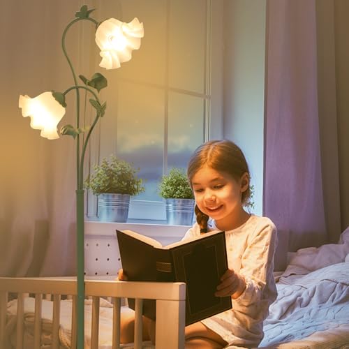 Image of HMVPL Flower Floor Lamp for Living Room, Vintage Floor Lamp with 2 LED 5W Blubs, Foot Switch, Green Standing Lamp with Acrylic Shade, Unique Floral Tall Lamp for Living Room Bedroom Corner Office