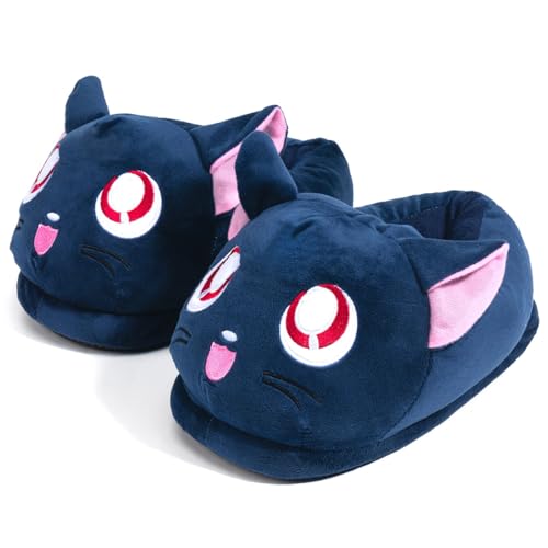 Cat Slippers | Cute Anime Kawaii Blue Moon Ears Fuzzy Plush Slip-On House Shoes | One Size Adults Women Men