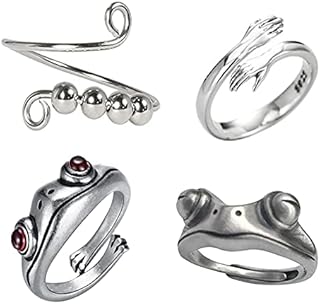 4Pcs Adjustable Silver Open Rings Set, Frog Rings Anxiety Ring Couple Hug Ring Fidget Rings for Anxiety Finger Joint Thumb Ring Gifts for Women Girls (4 Styles)