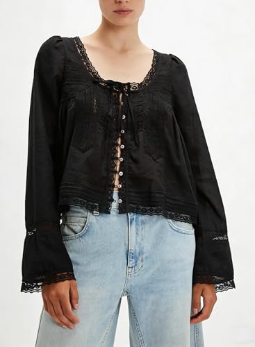 Image of Women Summer Sheer Tie Front Top Y2k Peplum Chiffon Blouse Eyelet Long Sleeve Flowy Lace Beach Cover Up Boho Tops