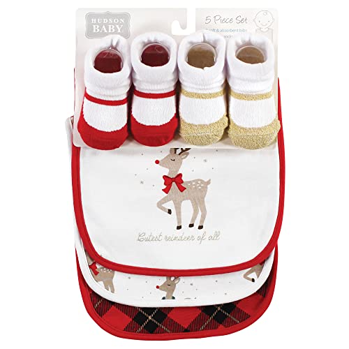 Image of Hudson Baby Unisex Baby Cotton Bib and Sock Set, Fancy Rudolph, One Size