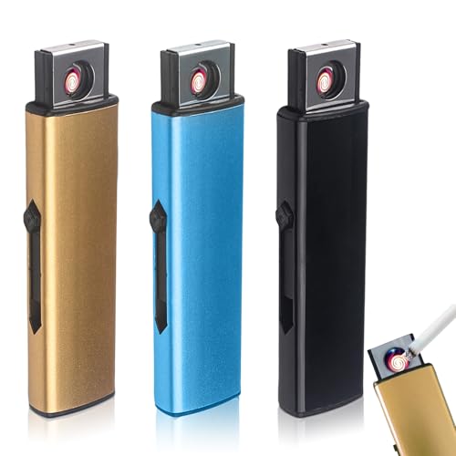 Mechero electrónico, 3 unidades, encendedor eléctrico, con puerto USB, encendido de doble cara, sin llama, resistente al viento, recargable, sin gas (negro + plata + azul)