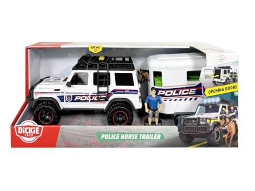 Dickie Toys - Police Horse Trailer Coche de policía con remolque de caballo, figura de caballo, juego de juguetes para niños a partir de 3 años, incluye luz, sonido y pilas
